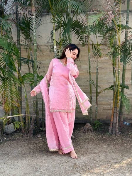 Distinctive Pink Party Wear Fendi Satin Silk Kurta with Farsi Salwar and Dupatta Ready To Wear Collection