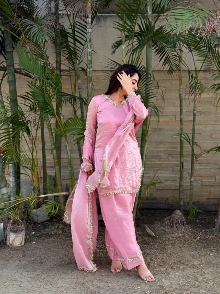 Distinctive Pink Party Wear Fendi Satin Silk Kurta with Farsi Salwar and Dupatta Ready To Wear Collection