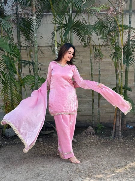 Distinctive Pink Party Wear Fendi Satin Silk Kurta with Farsi Salwar and Dupatta Ready To Wear Collection