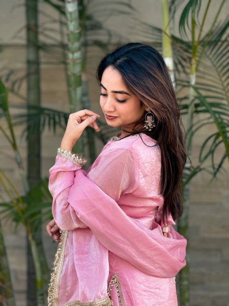 Distinctive Pink Party Wear Fendi Satin Silk Kurta with Farsi Salwar and Dupatta Ready To Wear Collection
