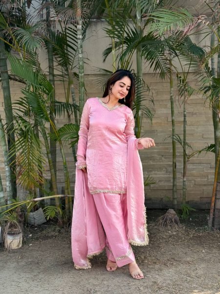 Distinctive Pink Party Wear Fendi Satin Silk Kurta with Farsi Salwar and Dupatta Ready To Wear Collection