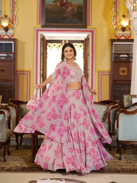Distinctive Pink Party Wear Georgette Lehenga Choli with Ready-to-Wear Fully Stitched Set  Lehenga