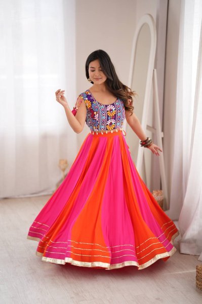 Distinctive Pink Purple Gota Patti Rayon Lehenga Choli with Fancy Lace Work at Manufacturer  Navratri Lehnega Choli