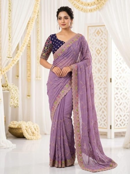 Distinctive Purple Designer Star Georgette Saree with Embroidered Contrast Blouse Sarees 
