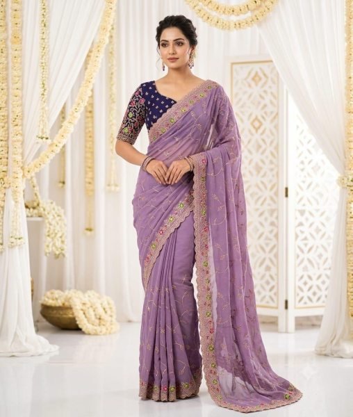 Distinctive Purple Designer Star Georgette Saree with Embroidered Contrast Blouse Embroidery Sarees Wholesale