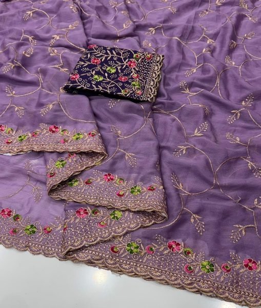 Distinctive Purple Designer Star Georgette Saree with Embroidered Contrast Blouse Embroidery Sarees Wholesale