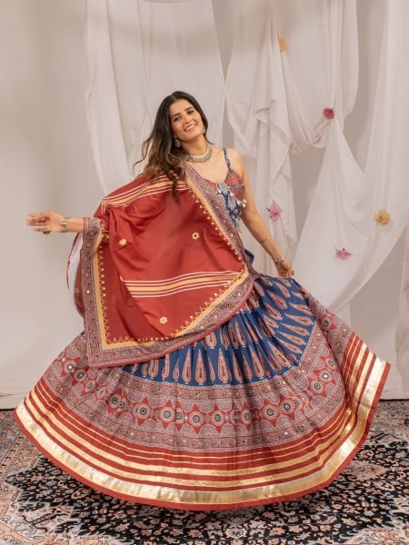 Distinctive Red Blue Natural Crepe Ajrakh Print Lehenga Choli with Real Mirror Work at Direct Factory Price 