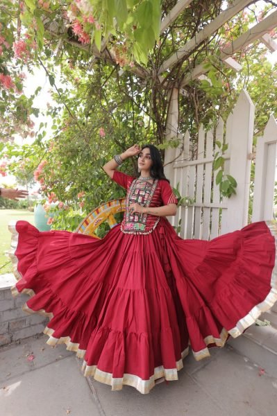 Distinctive Red Boutique Style Kora Cotton Lehenga Choli for Navrati Special Navratri Lehnega Choli