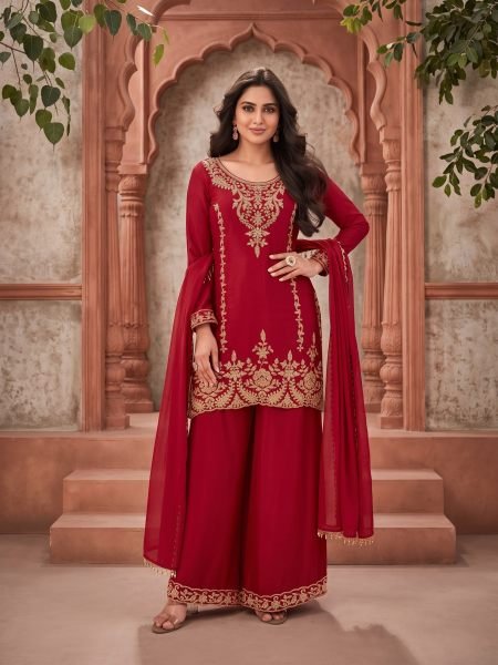 Distinctive Red Designer Chinnon Suit Set with All Over Beads Embroidery at Wholesale Rate Salwar Kameez