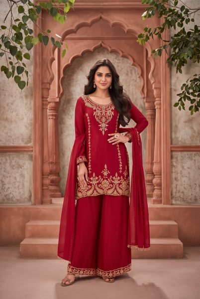 Distinctive Red Designer Chinnon Suit Set with All Over Beads Embroidery at Wholesale Rate Designer Plazzo Salwar Suits Wholesale