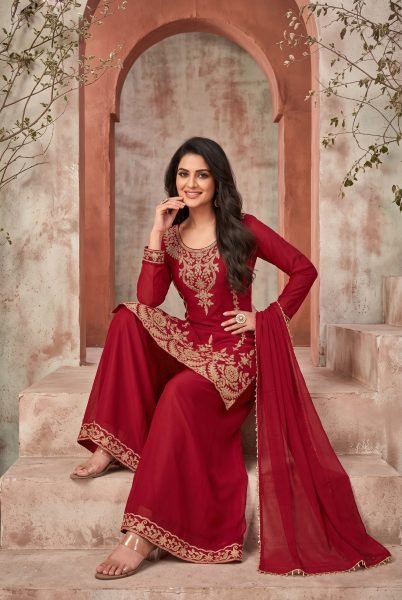Distinctive Red Designer Chinnon Suit Set with All Over Beads Embroidery at Wholesale Rate Designer Plazzo Salwar Suits Wholesale