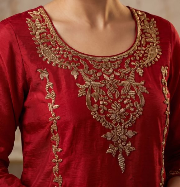 Distinctive Red Designer Chinnon Suit Set with All Over Beads Embroidery at Wholesale Rate Designer Plazzo Salwar Suits Wholesale