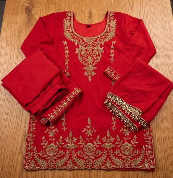 Distinctive Red Designer Chinnon Suit Set with All Over Beads Embroidery at Wholesale Rate Designer Plazzo Salwar Suits Wholesale