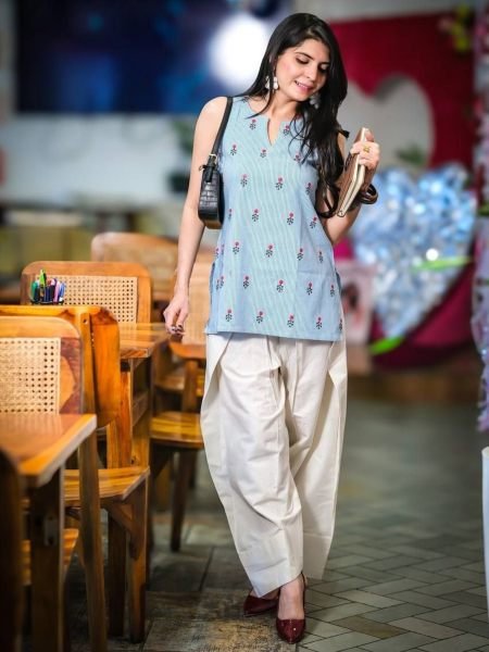 Distinctive Sky Blue Stylish Khadi Cotton Printed Kurti and Bottom Set for Festival Kurtis