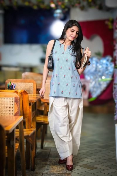 Distinctive Sky Blue Stylish Khadi Cotton Printed Kurti and Bottom Set for Festival CO ORD Sets