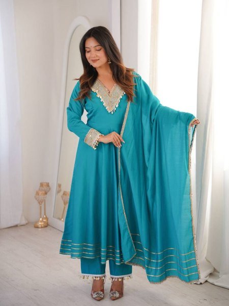 Distinctive SKy Blue Stylish Roman Fabric Ethnic Wear with Designer Lace Detailing Ready To Wear Suit