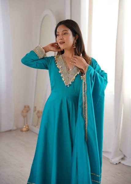 Distinctive SKy Blue Stylish Roman Fabric Ethnic Wear with Designer Lace Detailing Ready To Wear Collection
