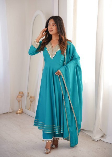 Distinctive SKy Blue Stylish Roman Fabric Ethnic Wear with Designer Lace Detailing Ready To Wear Collection