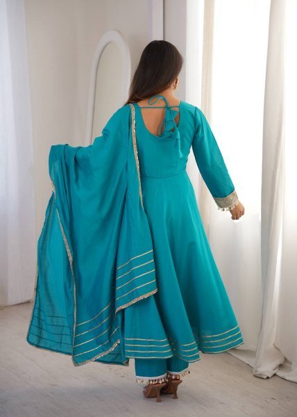 Distinctive SKy Blue Stylish Roman Fabric Ethnic Wear with Designer Lace Detailing Ready To Wear Collection