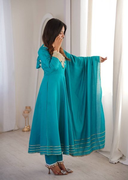 Distinctive SKy Blue Stylish Roman Fabric Ethnic Wear with Designer Lace Detailing Ready To Wear Collection
