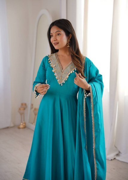 Distinctive SKy Blue Stylish Roman Fabric Ethnic Wear with Designer Lace Detailing Ready To Wear Collection