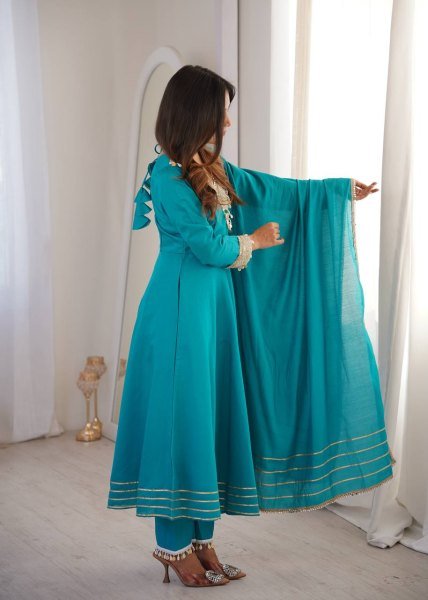 Distinctive SKy Blue Stylish Roman Fabric Ethnic Wear with Designer Lace Detailing Ready To Wear Collection