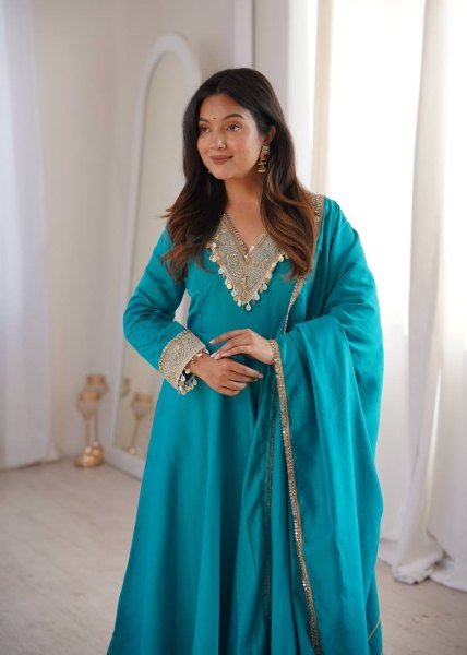 Distinctive SKy Blue Stylish Roman Fabric Ethnic Wear with Designer Lace Detailing Ready To Wear Collection