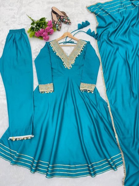 Distinctive SKy Blue Stylish Roman Fabric Ethnic Wear with Designer Lace Detailing Ready To Wear Collection