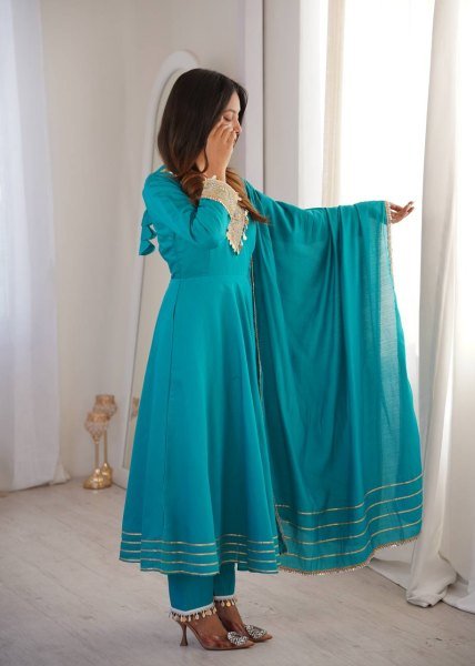 Distinctive SKy Blue Stylish Roman Fabric Ethnic Wear with Designer Lace Detailing Ready To Wear Collection