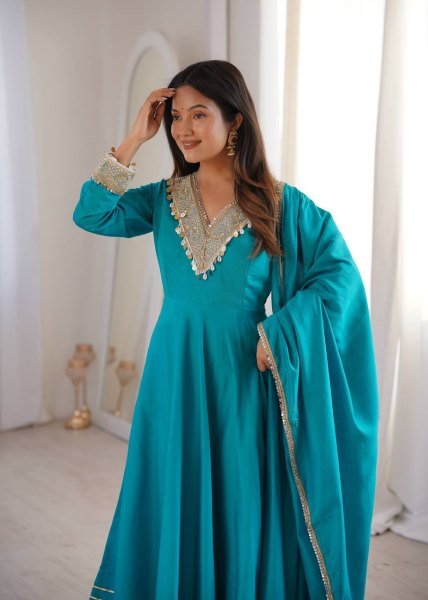 Distinctive SKy Blue Stylish Roman Fabric Ethnic Wear with Designer Lace Detailing Ready To Wear Collection