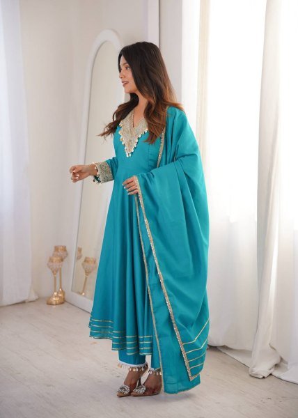 Distinctive SKy Blue Stylish Roman Fabric Ethnic Wear with Designer Lace Detailing Ready To Wear Collection