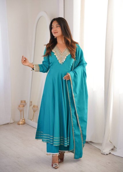 Distinctive SKy Blue Stylish Roman Fabric Ethnic Wear with Designer Lace Detailing Ready To Wear Collection