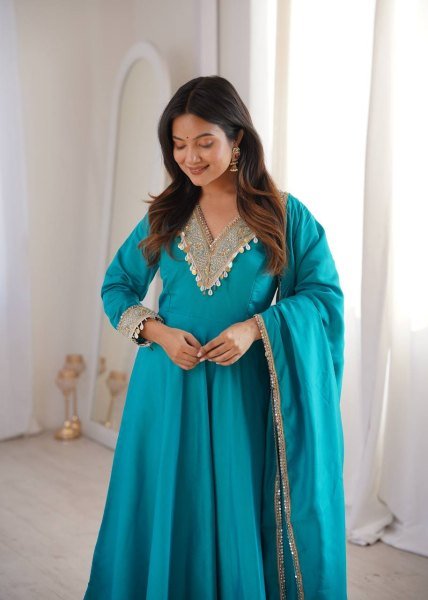 Distinctive SKy Blue Stylish Roman Fabric Ethnic Wear with Designer Lace Detailing Ready To Wear Collection