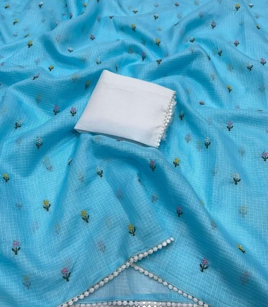 Distinctive Sky Blue Trendy Embroidered Saree with Designer Blouse for Women Embroidery Sarees Wholesale