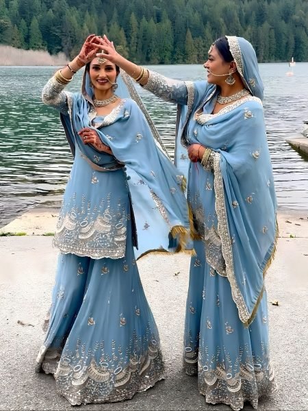 Distinctive Sky Blue Women s Faux Georgette Kurti Pant Dupatta Set with Embroidery Ready To Wear Suit