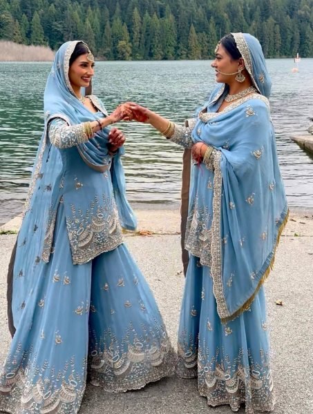 Distinctive Sky Blue Women s Faux Georgette Kurti Pant Dupatta Set with Embroidery Ready To Wear Collection