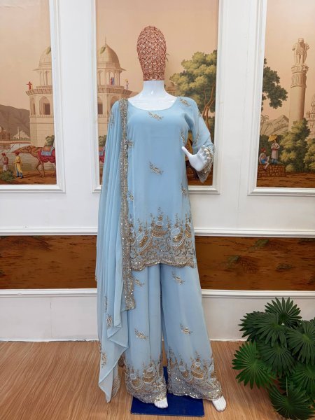 Distinctive Sky Blue Women s Faux Georgette Kurti Pant Dupatta Set with Embroidery Ready To Wear Collection