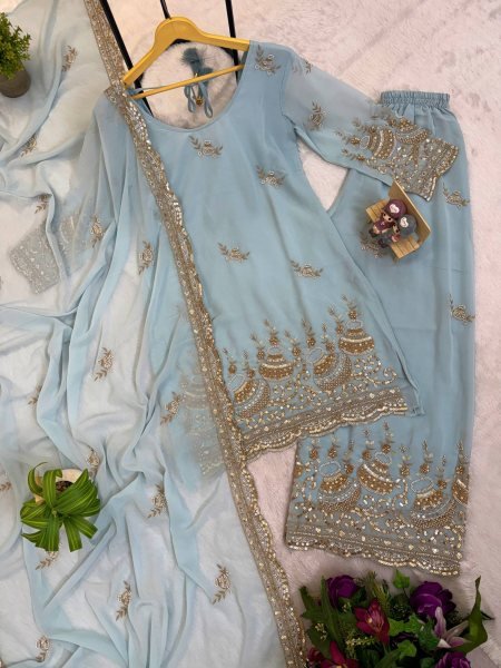 Distinctive Sky Blue Women s Faux Georgette Kurti Pant Dupatta Set with Embroidery Ready To Wear Collection
