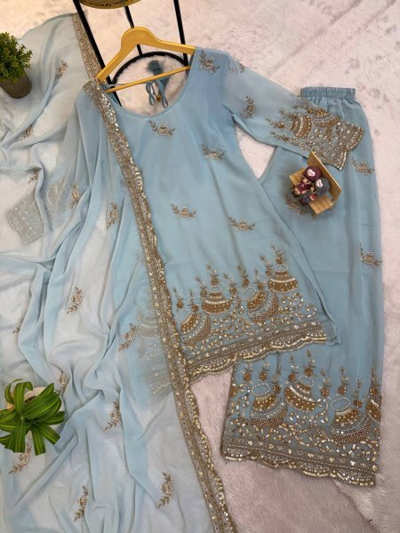 Distinctive Sky Blue Women s Faux Georgette Kurti Pant Dupatta Set with Embroidery Ready To Wear Collection