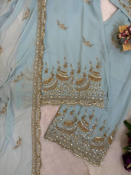 Distinctive Sky Blue Women s Faux Georgette Kurti Pant Dupatta Set with Embroidery Ready To Wear Collection