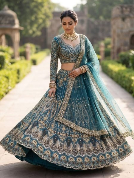 Distinctive Teal Blue Butterfly Net Lehenga with Embroidery Sequins Work  Lehenga