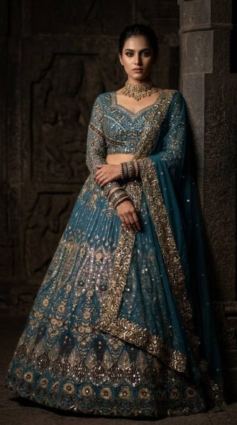 Distinctive Teal Blue Butterfly Net Lehenga with Embroidery Sequins Work Bridal Lehenga Choli