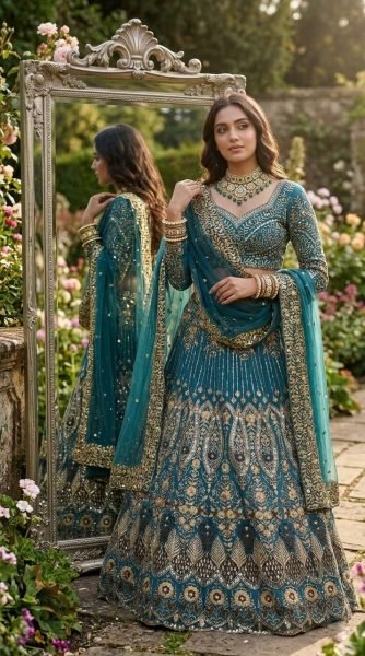 Distinctive Teal Blue Butterfly Net Lehenga with Embroidery Sequins Work Bridal Lehenga Choli