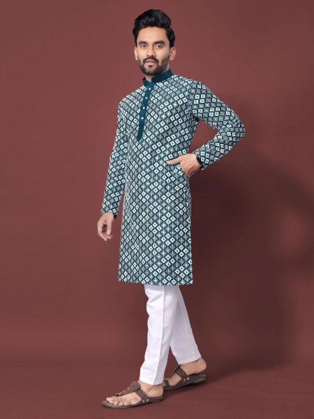 Distinctive Teal Green Soft Silk Kurta for Men with White Embroidery and Cotton Pyjama Set Mens Wear