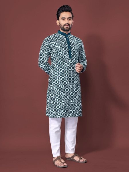 Distinctive Teal Green Soft Silk Kurta for Men with White Embroidery and Cotton Pyjama Set Kurta Pajama Wholesale