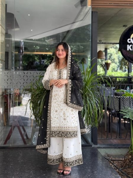 Distinctive White Black Faux Georgette Top Palazzo Dupatta Set with Sequin Work 