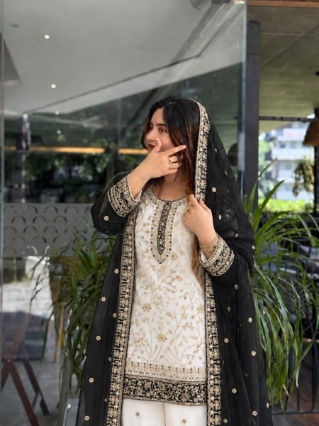 Distinctive White Black Faux Georgette Top Palazzo Dupatta Set with Sequin Work Ready To Wear Collection