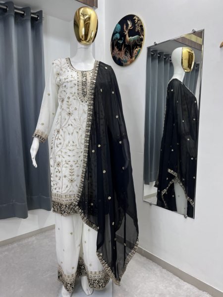 Distinctive White Black Faux Georgette Top Palazzo Dupatta Set with Sequin Work Ready To Wear Collection
