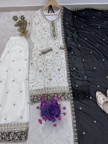 Distinctive White Black Faux Georgette Top Palazzo Dupatta Set with Sequin Work Ready To Wear Collection