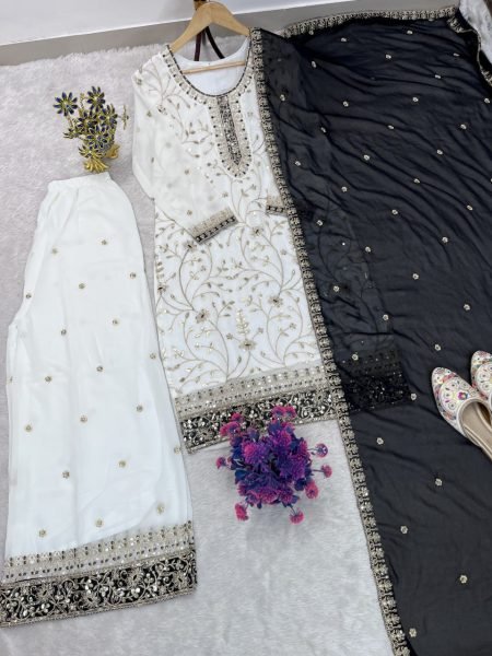Distinctive White Black Faux Georgette Top Palazzo Dupatta Set with Sequin Work Ready To Wear Collection